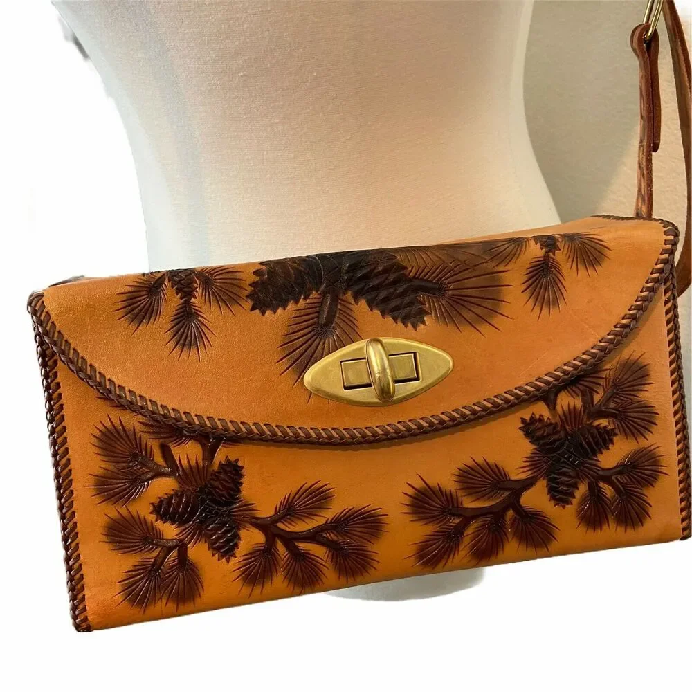 Tooled Leather Purse Handbag Women Handmade Pine Cone Brown Leather 60 70s Retro